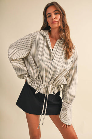 Linen Striped Balloon Sleeve Jacket