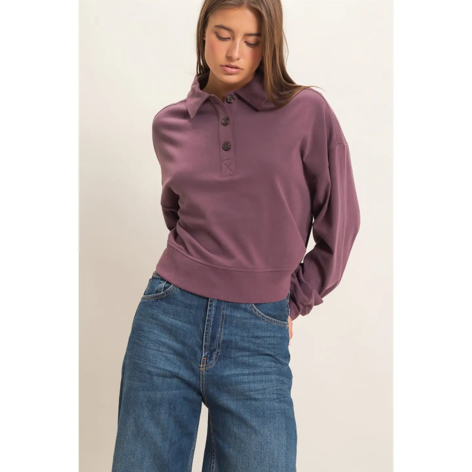 Washed Button-Front Collared Sweatshirt