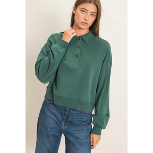 Washed Button-Front Collared Sweatshirt