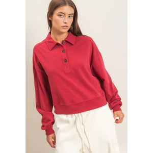 Washed Button-Front Collared Sweatshirt