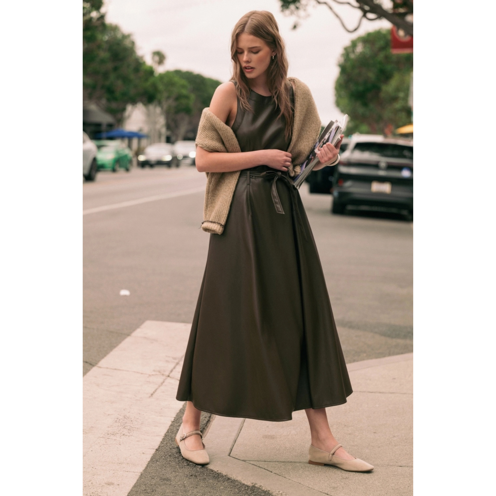 Faux Leather Sleeveless Dress with Belt