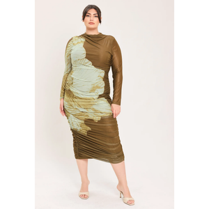 Brown Blossom Power Mesh Midi Dress