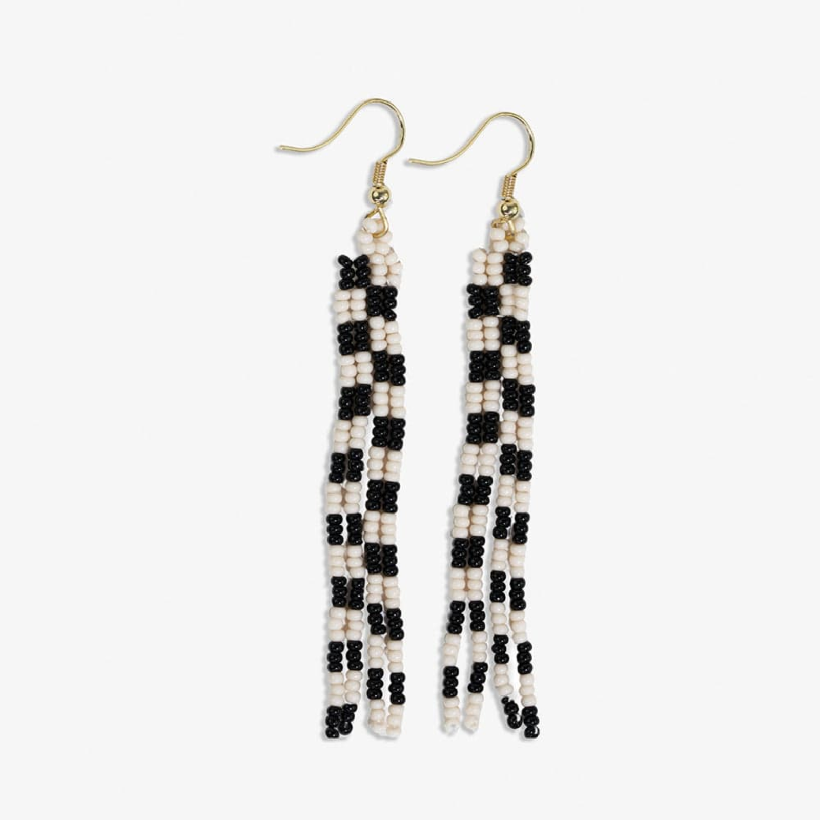 June Mini Checked Pattern Petite Beaded Fringe Earrings Black