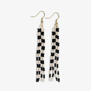June Mini Checked Pattern Petite Beaded Fringe Earrings Black