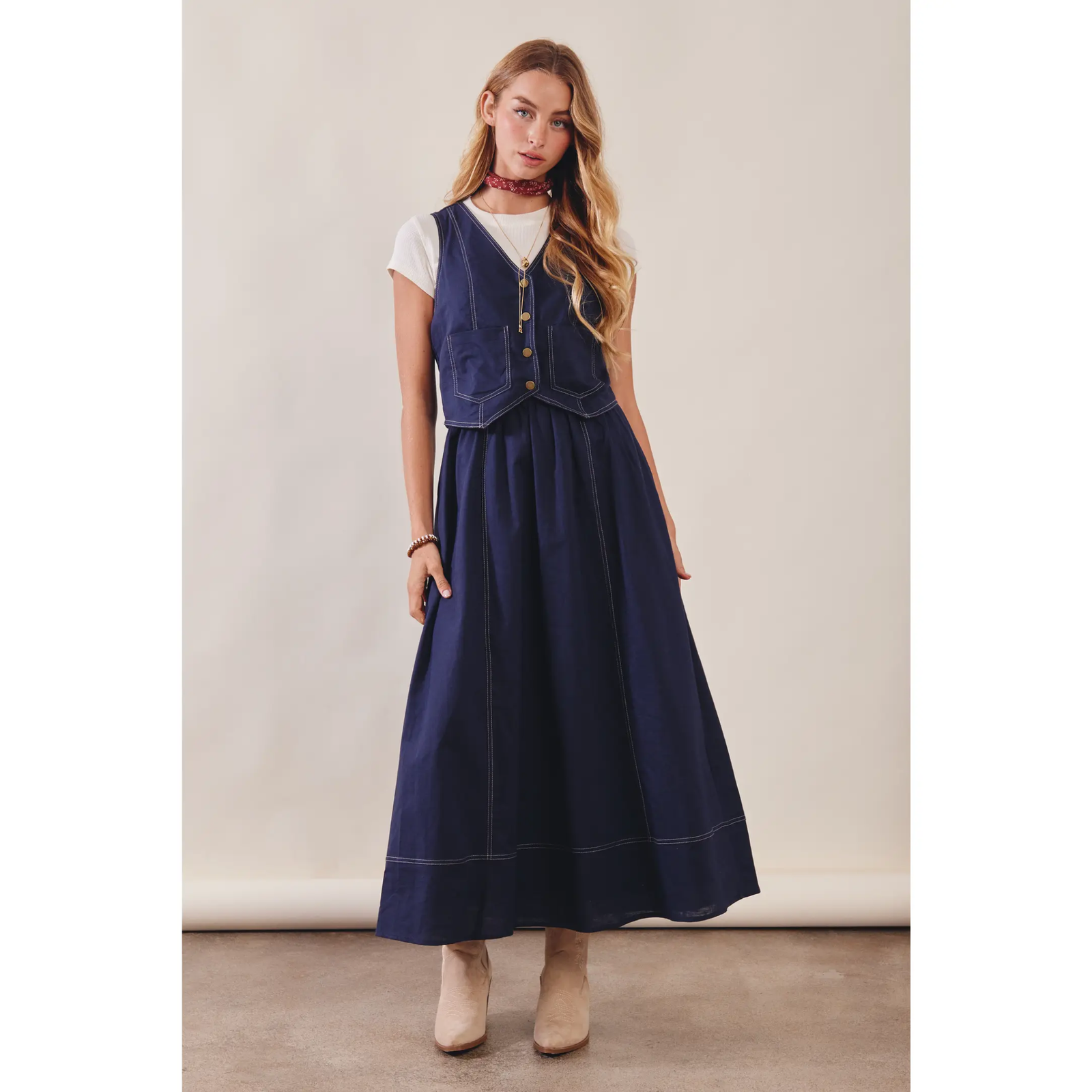 Vest-Layered Cotton Linen Maxi Dress