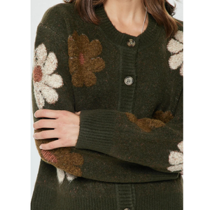 Khaki Button Up Sweater with Flowers