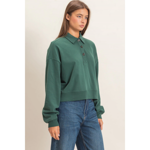 Washed Button-Front Collared Sweatshirt