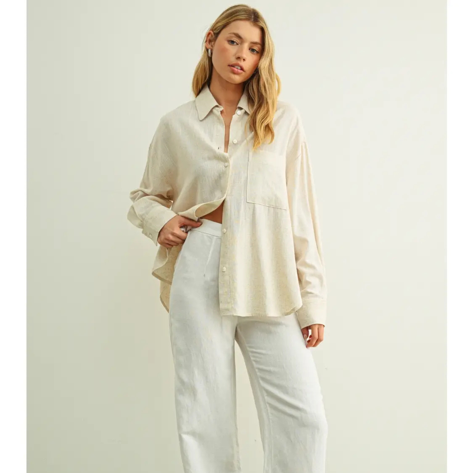 Linen Button Front Long Sleeve Blouse