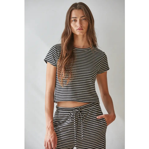 Knit Polyester Cotton Striped Short Sleeve Top