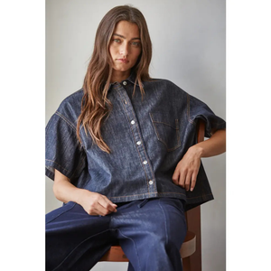 Denim Cotton Collar Button Down Short Sleeve Top