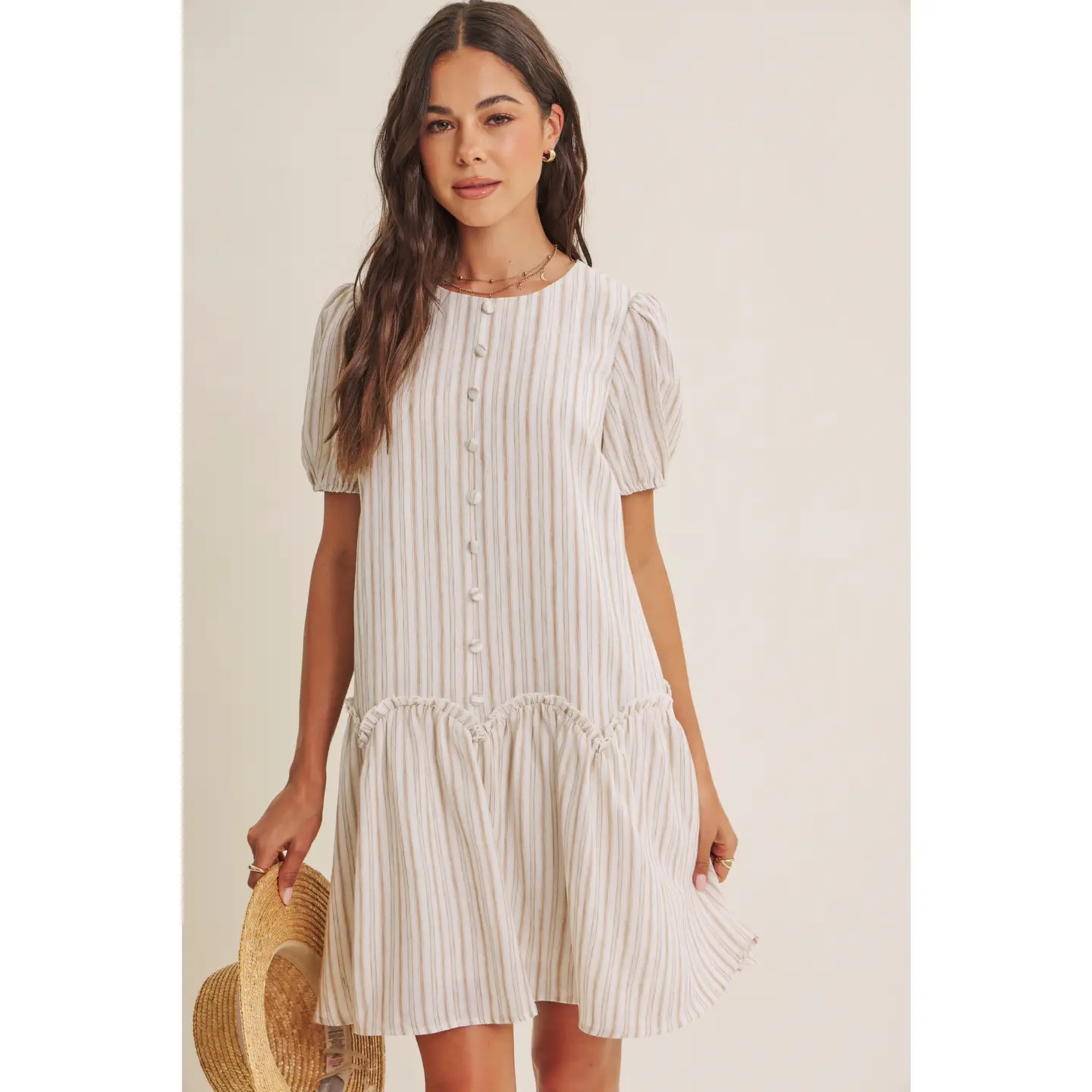 Button Stripe Puffy Sleeved Dress