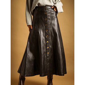 Faux Leather Button Long Skirt
