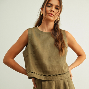Linen Sleeveless Stitch Trimmed Crop Top
