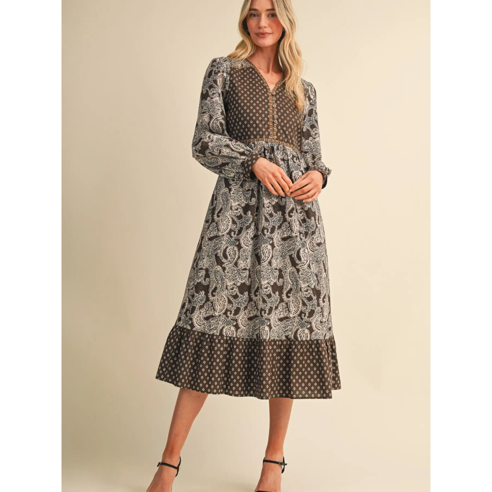 Mixed Paisley Print Quilted Bodice Midi Dress
