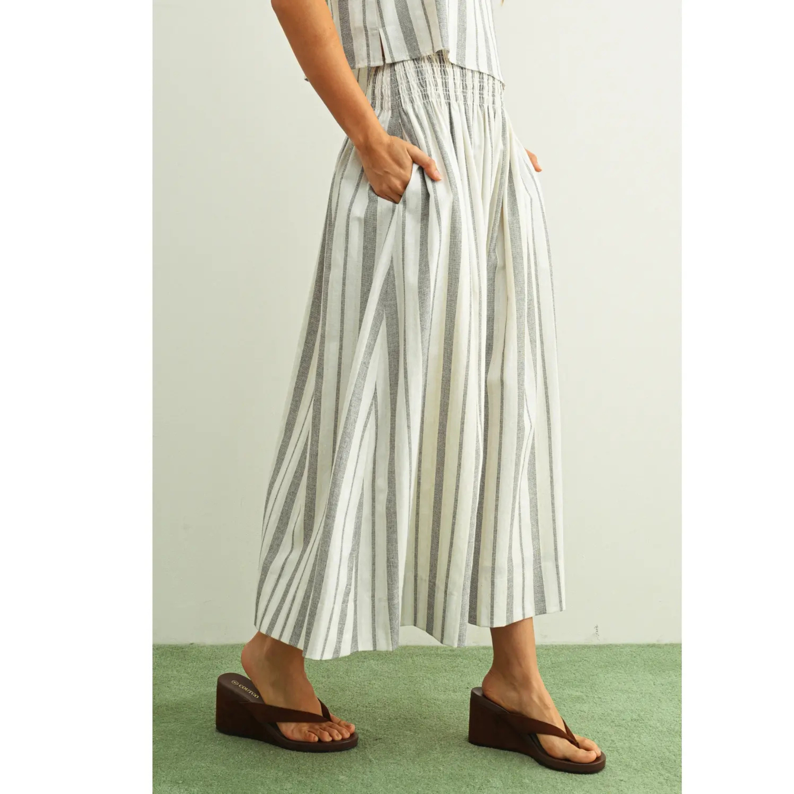 Stripe Pattern Smock Waist Long Skirt