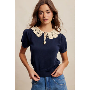 Crochet Collar Short Sleeve Knit Top