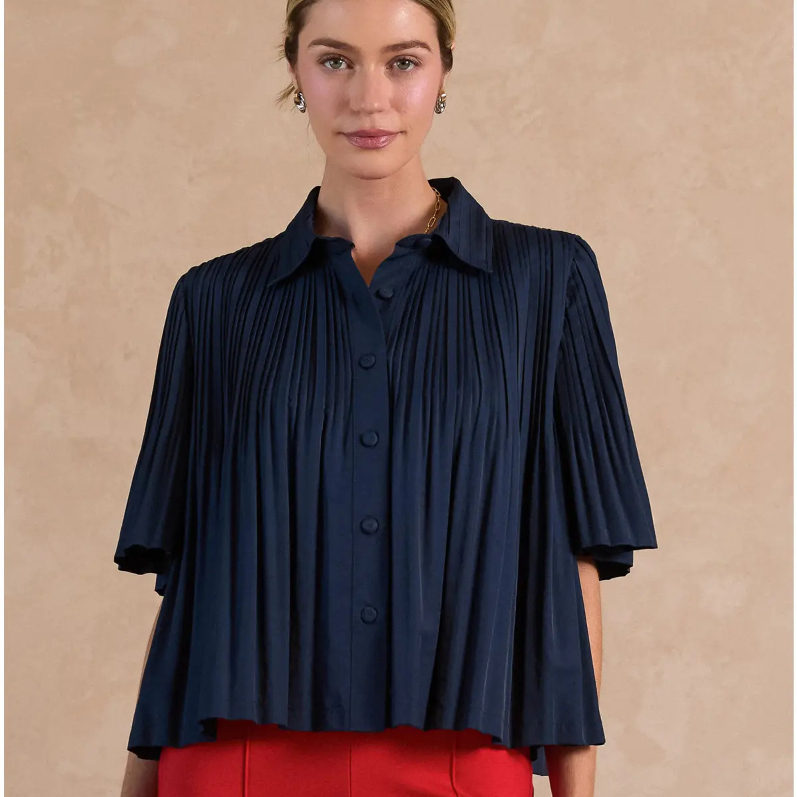 Pleated Half Sleeve Oversized Shirt