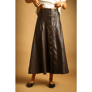 Faux Leather Button Long Skirt