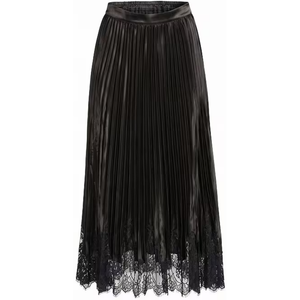 Lace Hem Pleated Satin Midi Skirt