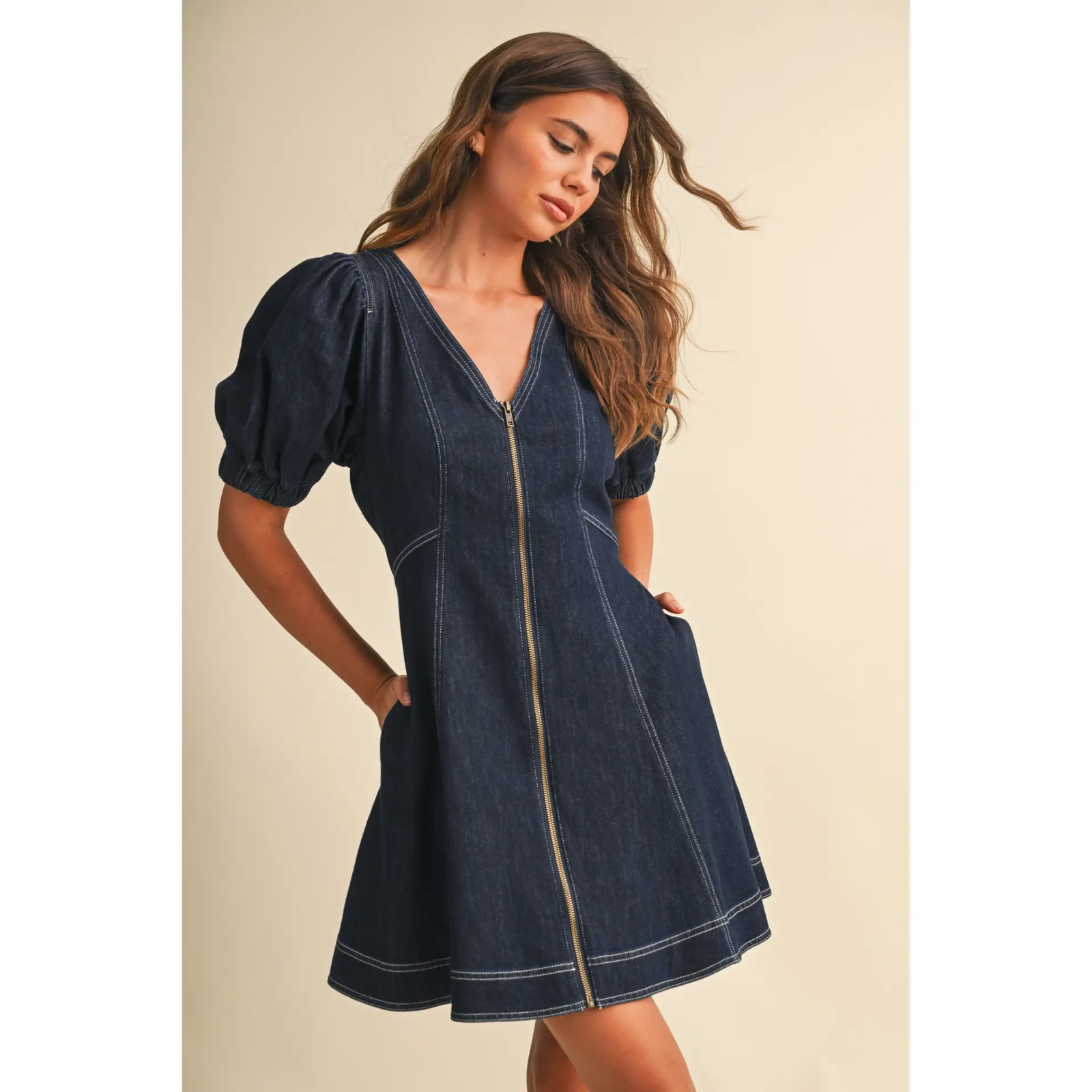 Puff Sleeves Front Zip Up Mini Denim Dress