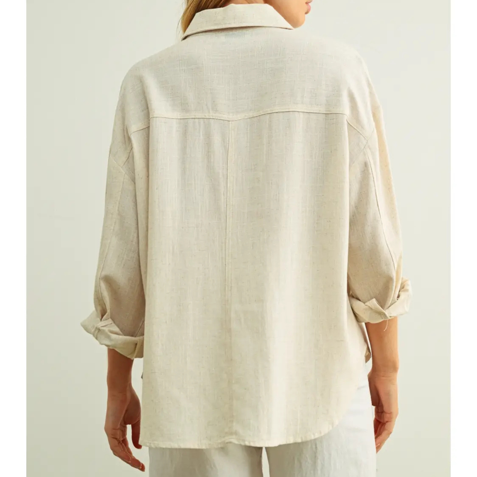Linen Button Front Long Sleeve Blouse