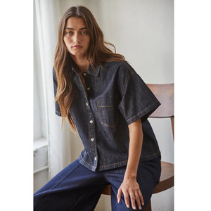 Denim Cotton Collar Button Down Short Sleeve Top