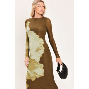 Brown Blossom Power Mesh Midi Dress