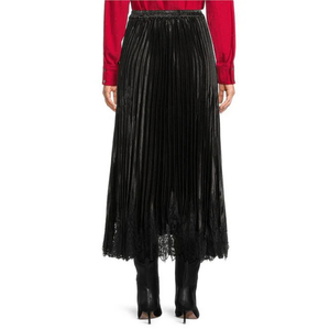 Lace Hem Pleated Satin Midi Skirt