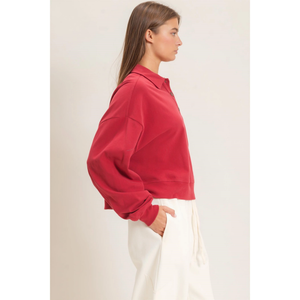 Washed Button-Front Collared Sweatshirt