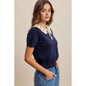 Crochet Collar Short Sleeve Knit Top