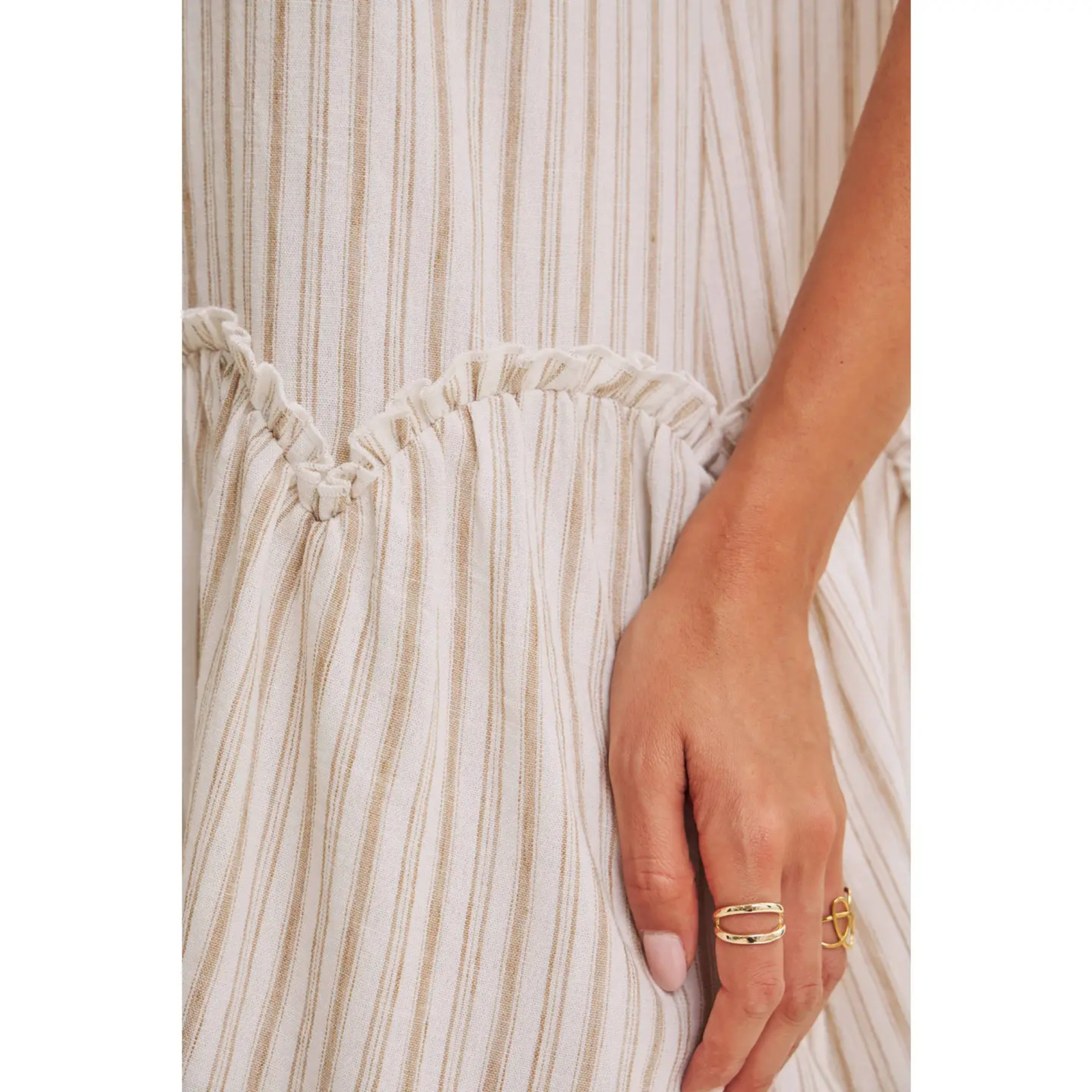 Button Stripe Puffy Sleeved Dress
