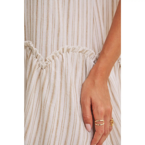 Button Stripe Puffy Sleeved Dress