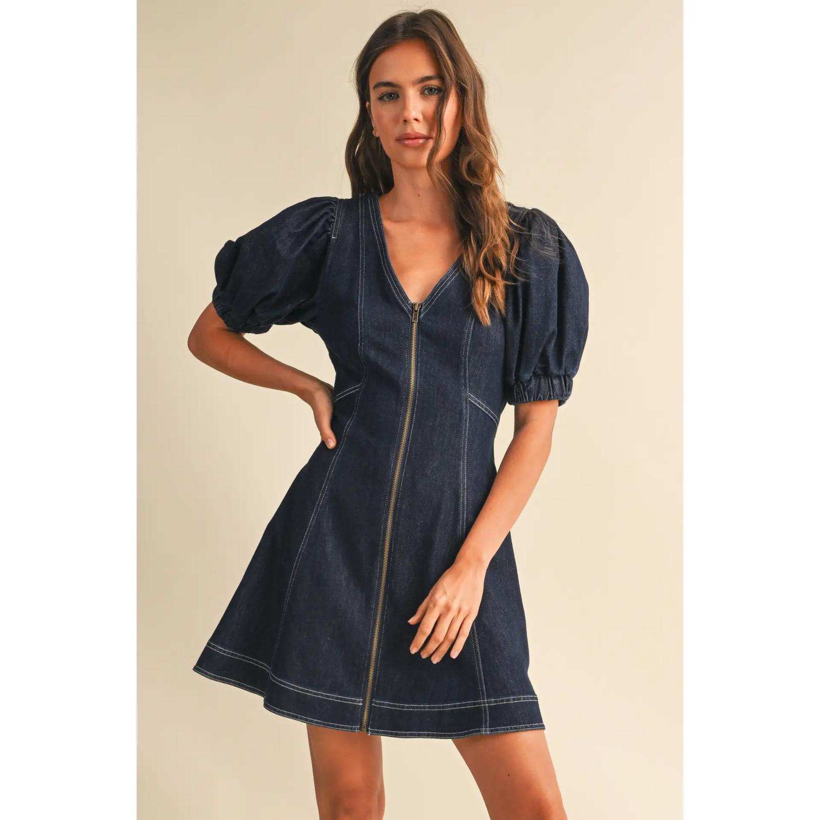 PUFF SLEEVES FRONT ZIP UP MINI DENIM DRESS