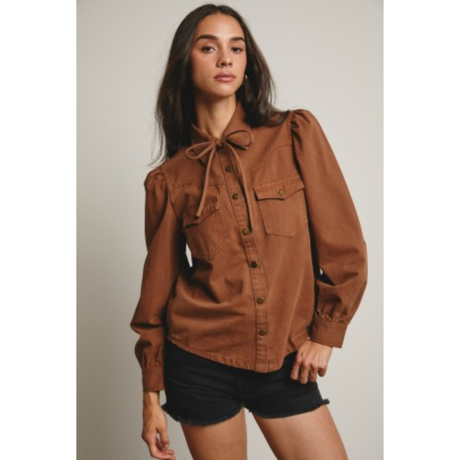 Tie Collar Brown Denim Top