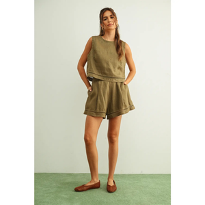 Linen Sleeveless Stitch Trimmed Crop Top