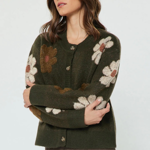 Khaki Button Up Sweater with Flowers
