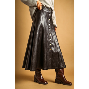 Faux Leather Button Long Skirt
