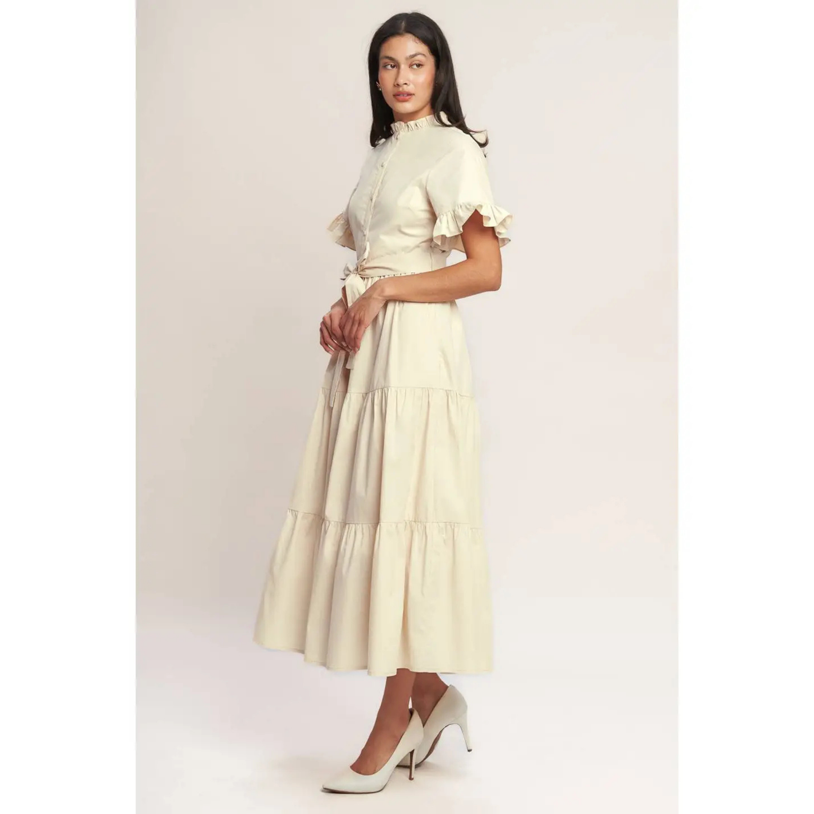 Solid Cream Woven Midi Dress
