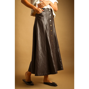 Faux Leather Button Long Skirt