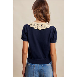 Crochet Collar Short Sleeve Knit Top