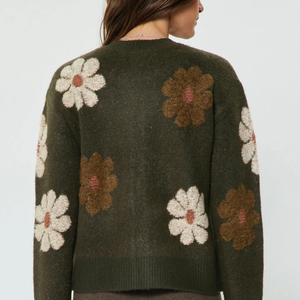 Khaki Button Up Sweater with Flowers