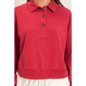 Washed Button-Front Collared Sweatshirt