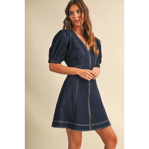 Puff Sleeves Front Zip Up Mini Denim Dress