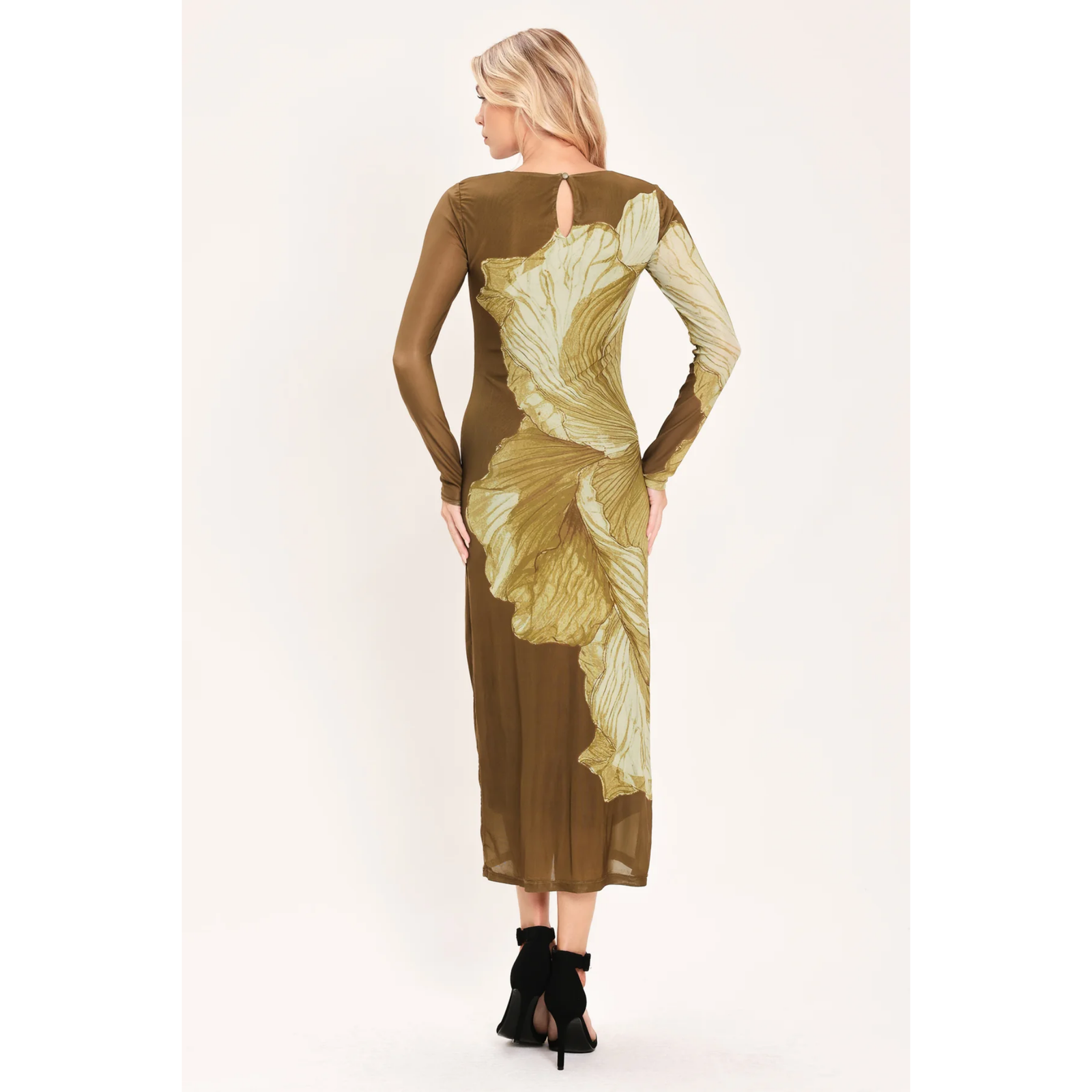 Brown Blossom Power Mesh Midi Dress