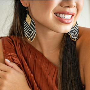 Dottie Diamond Angle Beaded Fringe Earrings Black