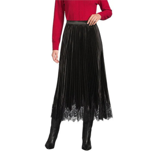 Lace Hem Pleated Satin Midi Skirt