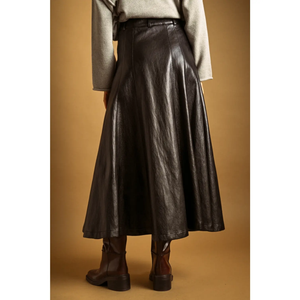 Faux Leather Button Long Skirt