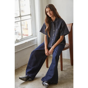 Denim Cotton Collar Button Down Short Sleeve Top