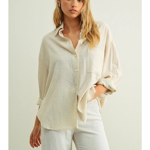 Linen Button Front Long Sleeve Blouse