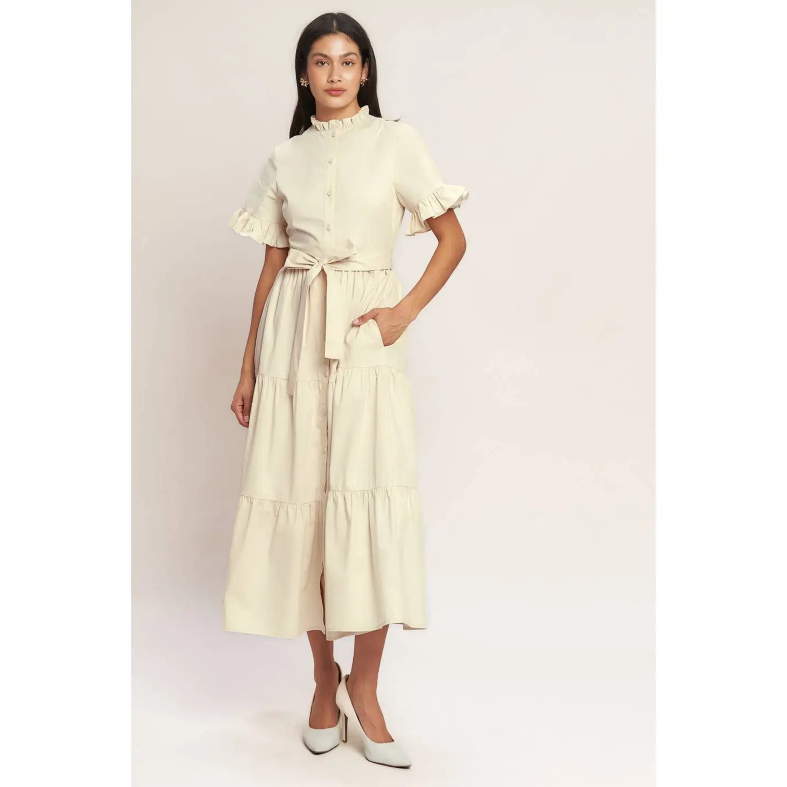 Solid Cream Woven Midi Dress